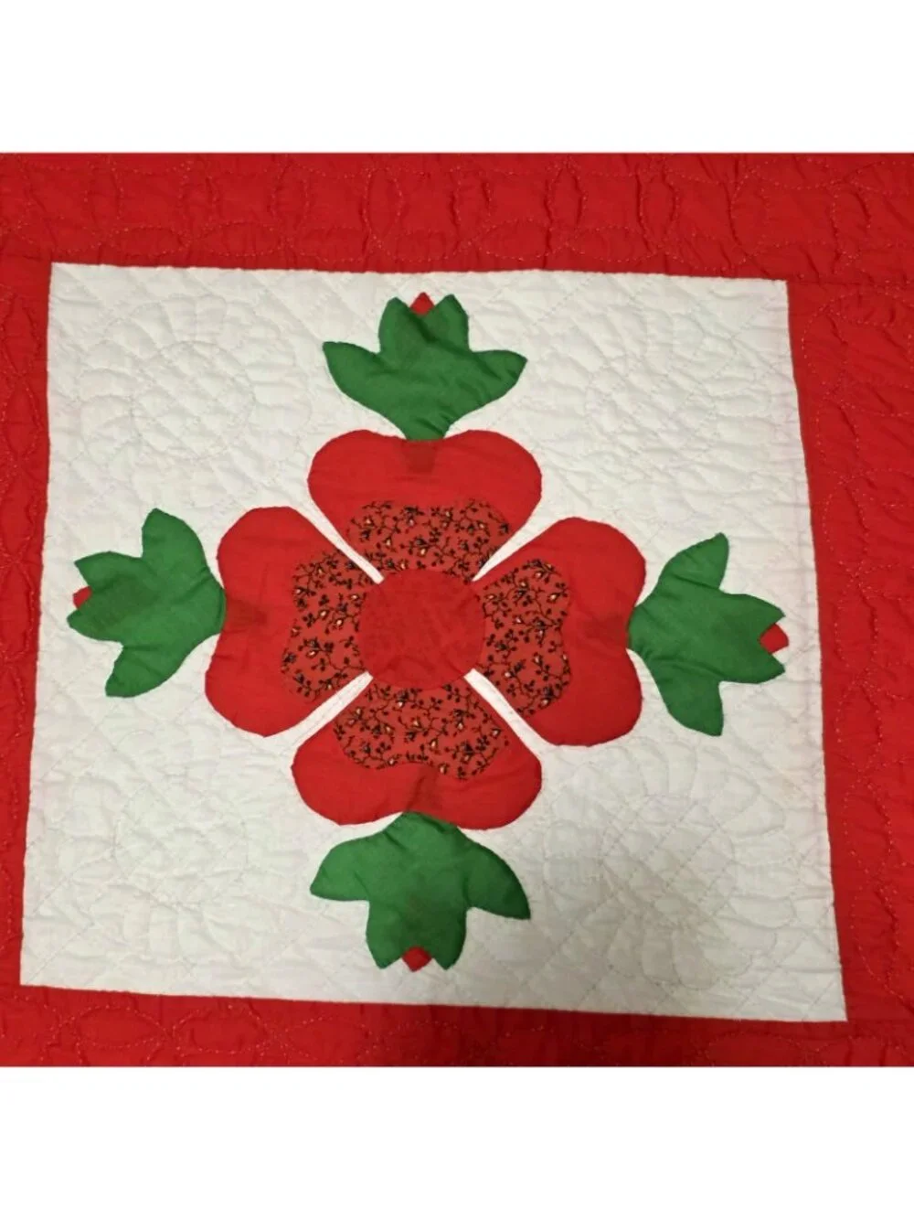 Vintage Handmade Applique Quilt Queen Red Hand Quilted Floral Folk Art Cottage